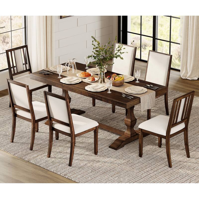 7-pieces Farmhouse Dining Table Set for 6, 74.8" Kitchen Table with Chairs, Solid Wood Legs and Upholstered Back - Rustic Brown