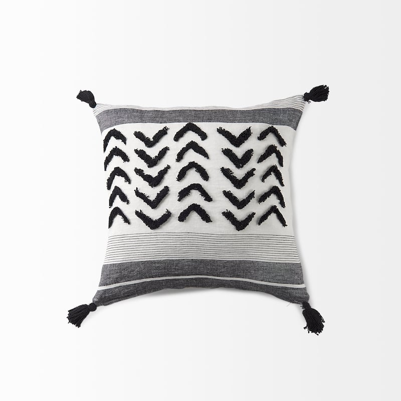 Kimia 14L x 26W White, Gray, and Black Fabric Herringbone and Fringed Decorative Pillow Cover