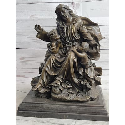 Jesus Christ With Children Bronze Sculpture Statue Religious Figure Decor Art On Marble Base