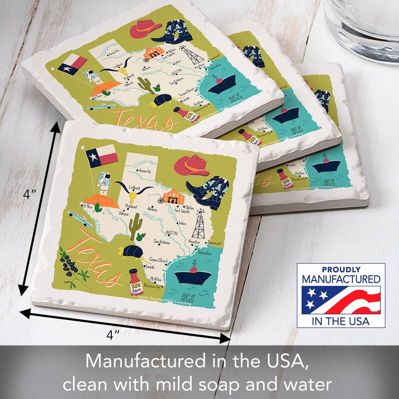 Texas Home 4-Pack Absorbent Stone Coasters with Protective Cork Backing 4" Square Made in The USA Artistic Easily Wipes Clean