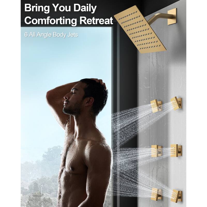GRANDJOY Shower Faucet Set 10" Wall Mounted Shower Head with 6 Body Jets and Handheld Shower