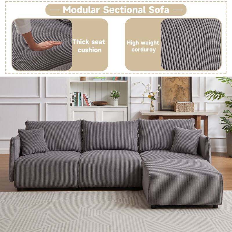 Multi-Module Combination Style Modern Minimalist Corduroy Combination Sofa with 2 Comfort Cushions with USB & C Charging Port