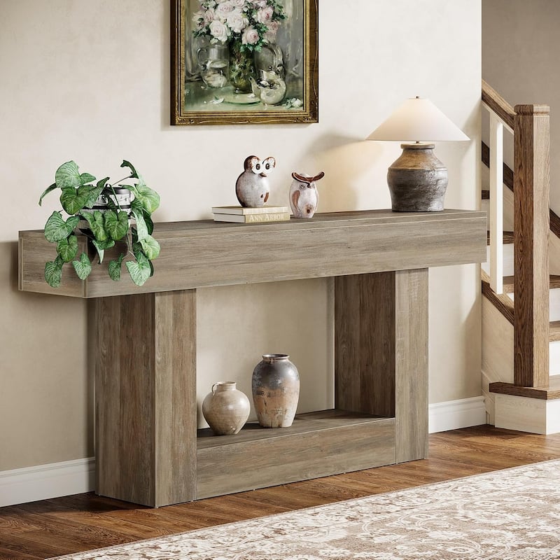 63 Inches Brown and Gray Narrow Long Wood Console Table for Entryway