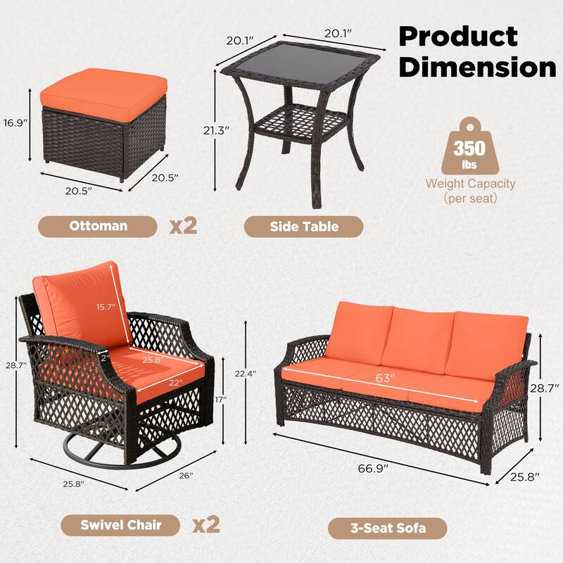 Outdoor Wicker Patio Set w Swivel Chairs & Sofa, Ottomans and Tables, Modular 3/5/6/7-Piece, All-Weather Conversation Set.