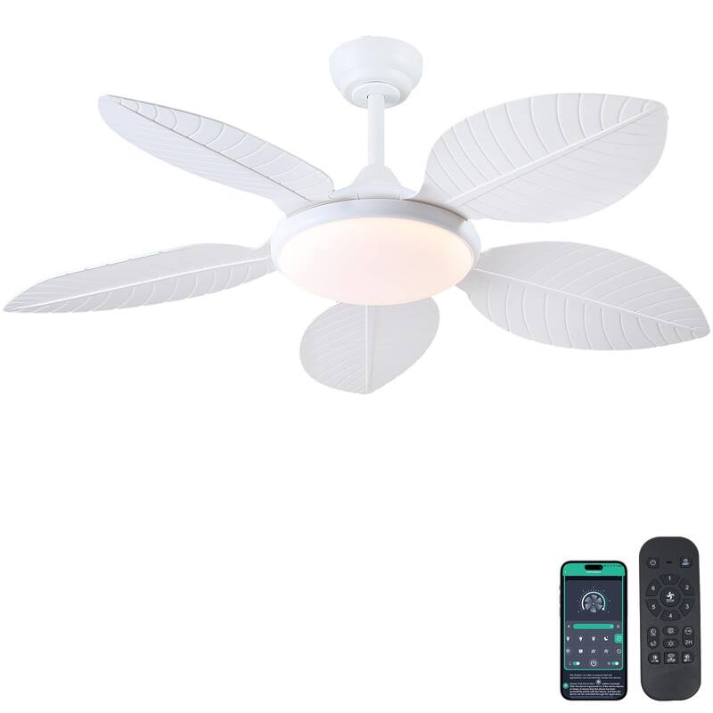 48" Downrod Ceiling Fan with Light,Palm Leaf Blades,Tropical Ceiling Fan for Living Room,Bedroom,Patio - 48 Inches - White