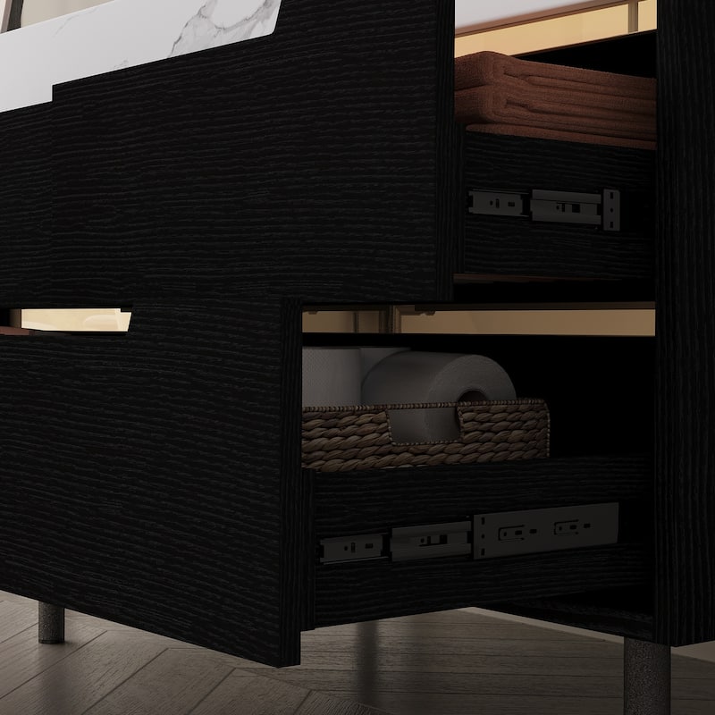 35.4" Modern Bathroom Vanity with Sintered Stone Top, Undermount Sink, 4 Drawers, Freestanding or Wall-Mounted