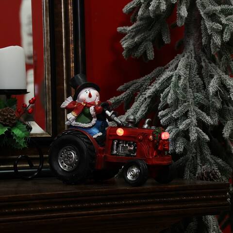 Alpine Corporation 9"H Polystone Tractor Holiday Decoration with Color-Changing LED Lights