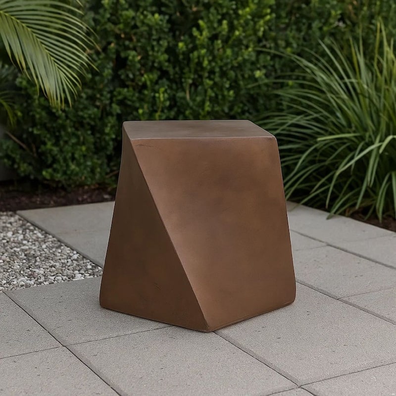 Outdoor Side End Table, Twisted Cube Shape Brown Faux Concrete 21 Inch