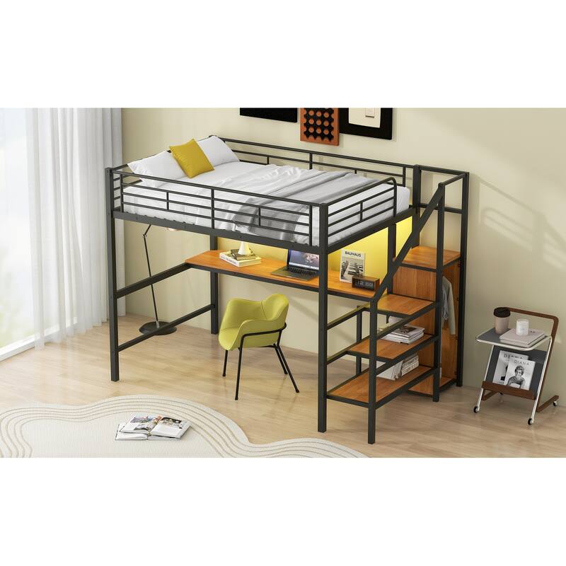 Full Size Metal Loft Bed with Desk, Storage Staircase, Wardrobe, and LED Light