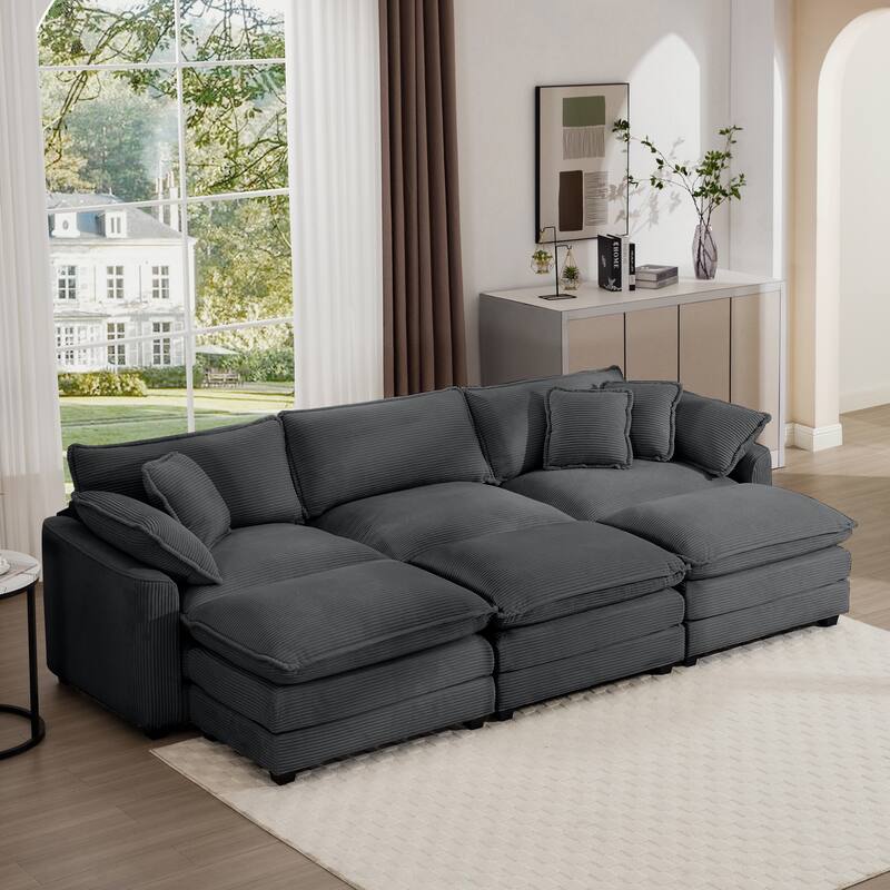 Oversized Corduroy Sofa with 3 Ottomans, Modular Set for Living Room, Convertible Sleeper - Grey