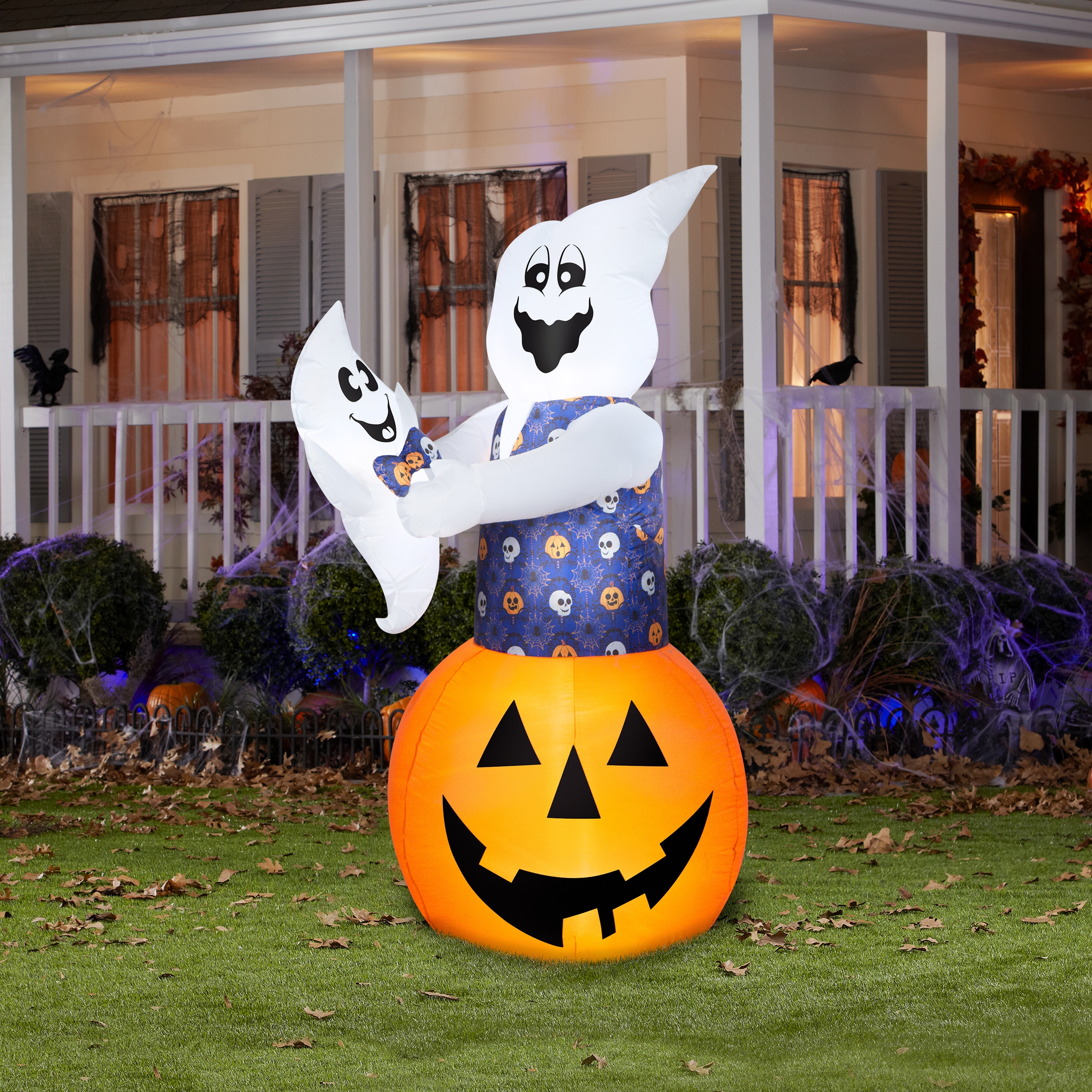 Gemmy Animated Airblown Lifting Mixed Media Whimsical Damask Ghost w/Baby Scene, 6 ft Tall, Orange