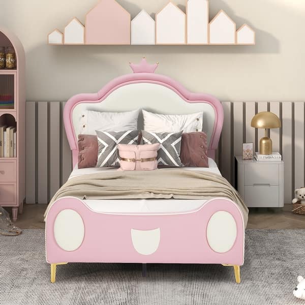 slide 2 of 11, Twin Size Princess Platform Bed with Crown Headboard Bed Frame and Storage Pocket & 300lb Capacity (No Box Spring Needed) Pink