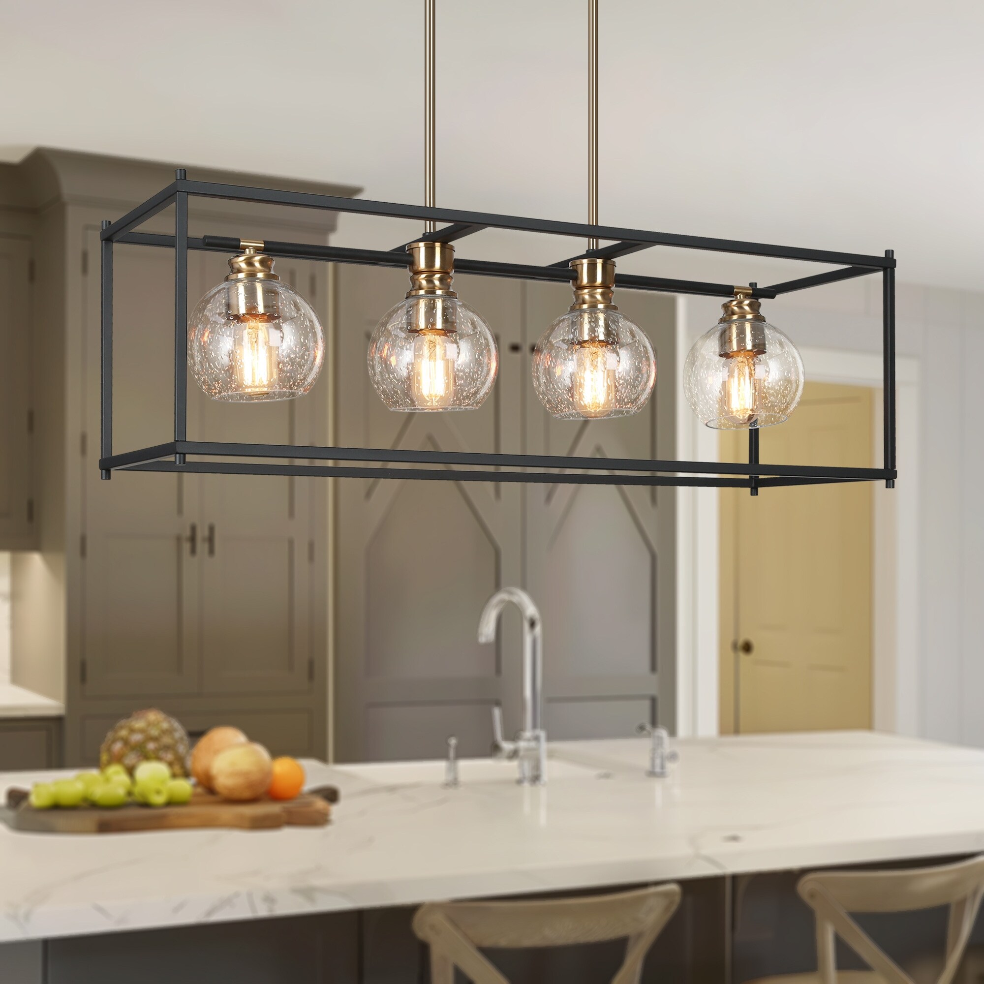 thumbnail image 2 of 5-Light Black & Gold Linear Chandelier - Industrial Farmhouse Pendant For Kitchen Island, Dining Room, Game Room 2 of 14