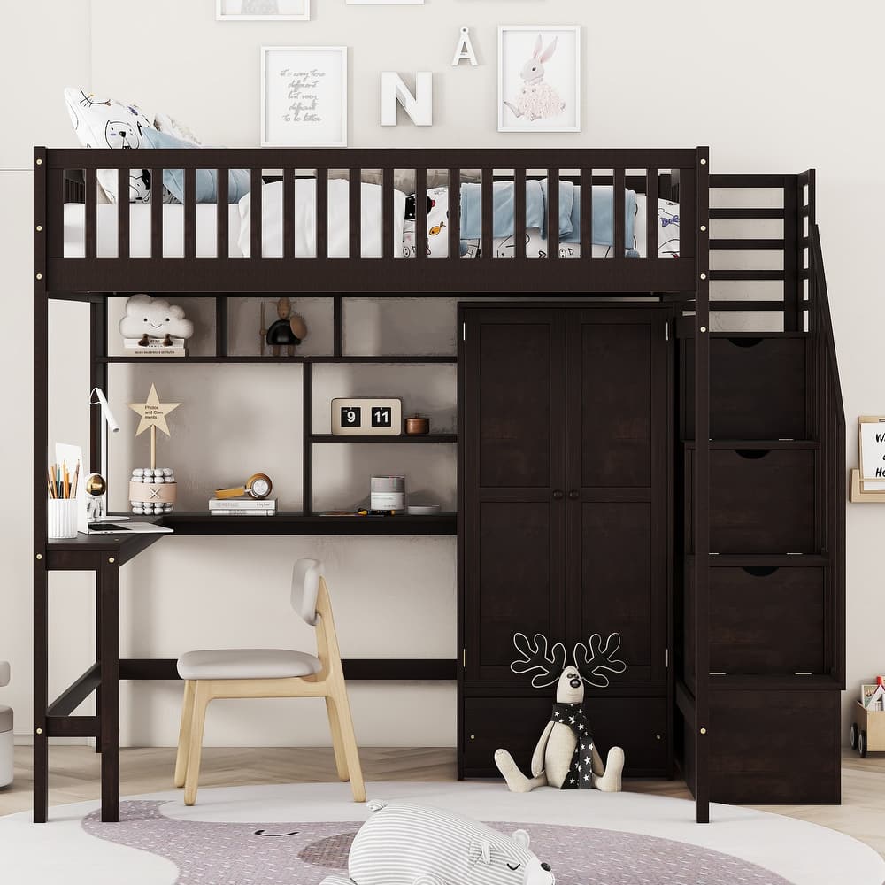 Nordic Creative Full Size Wood Loft Bed with Bookshelf, Drawers, Desk and Wardrobe Storage Bed Frame for Kids Teens Adults