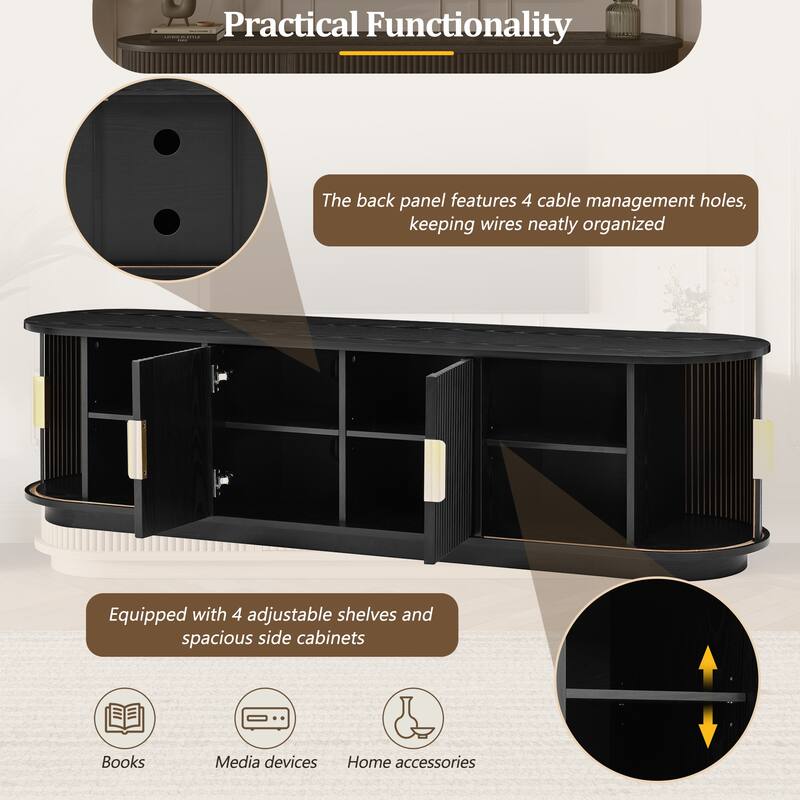 Farmhouse Wooden TV Stand with Sliding Tambour Door for TVs up to 75", Fluted Media Console with Adjustable Storage