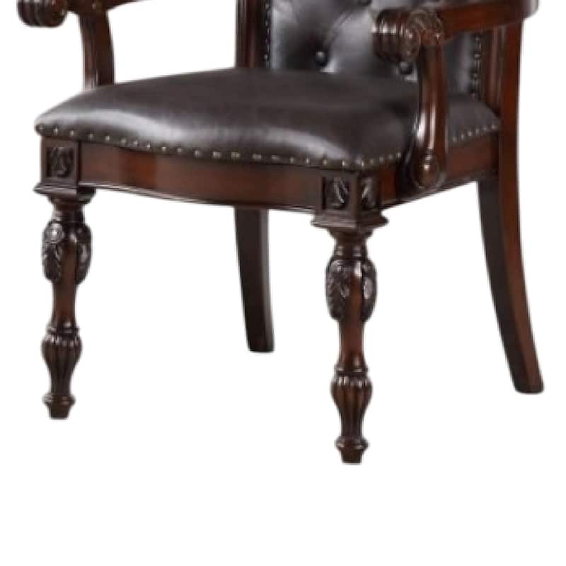 Eva Carved Dining Armchair Set of 2, Brown Tufted Faux Leather, Cherry