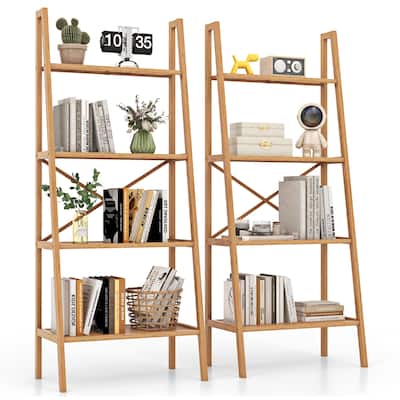 Gymax 2PCS 4-Tier Bamboo Ladder Bookshelf 58'' Display Shelf Storage
