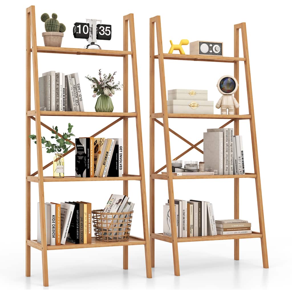 Gymax 2PCS 4-Tier Bamboo Ladder Bookshelf 58'' Display Shelf Storage