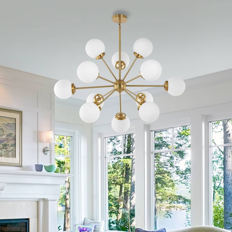 GetLedel 12-Light Modern Sputnik Sphere Chandelier with Glass Globe Shades - 39.5" - Gold Finish with White Glass Shades