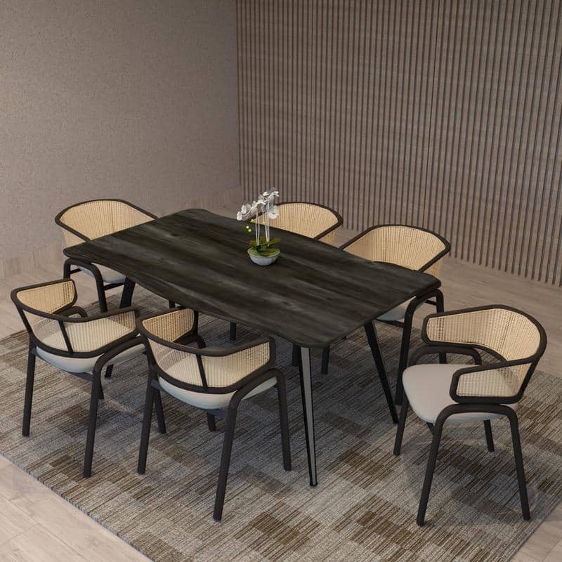 Ravenna 7-Piece Modern Dining Set with Rectangular MDF Wood Dining Table and 6 Velvet Upholstered Rattan Back Dining Chairs