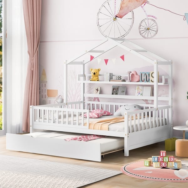 slide 2 of 53, Wooden House Bed with Trundle, Kids Bed with Shelf White - Full