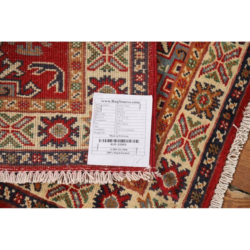 Red Geometric Kazak Accent Rug Handmade Traditional Wool Carpet - 2'0" x 3'0"
