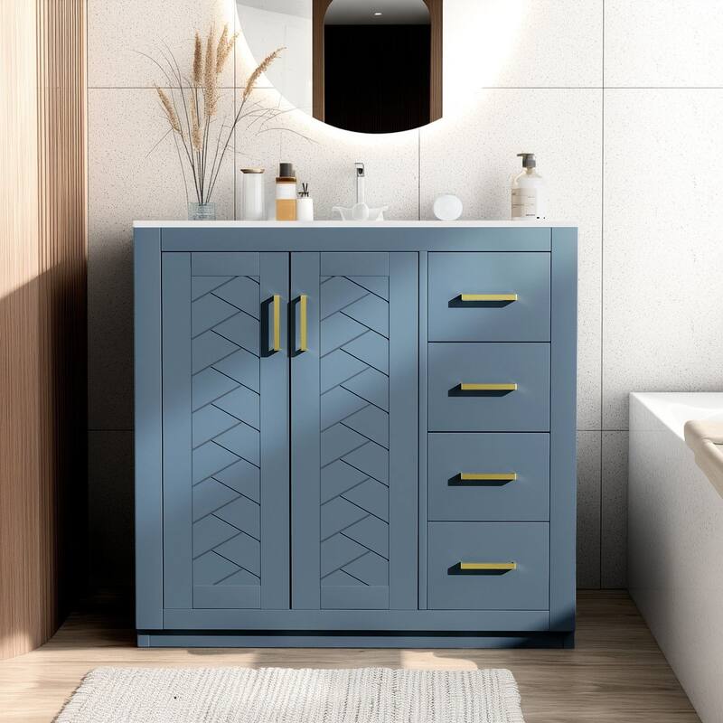 36'' Freestanding Bathroom Vanity with Sink, Solid Wood Frame, 3 Drawers - Indigo