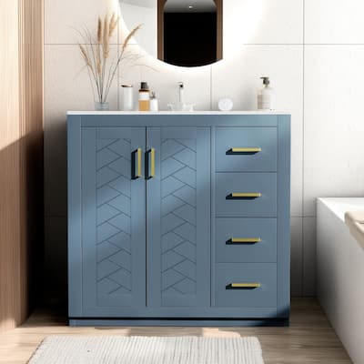 36'' Freestanding Bathroom Vanity with Sink, Solid Wood Frame, 3 Drawers