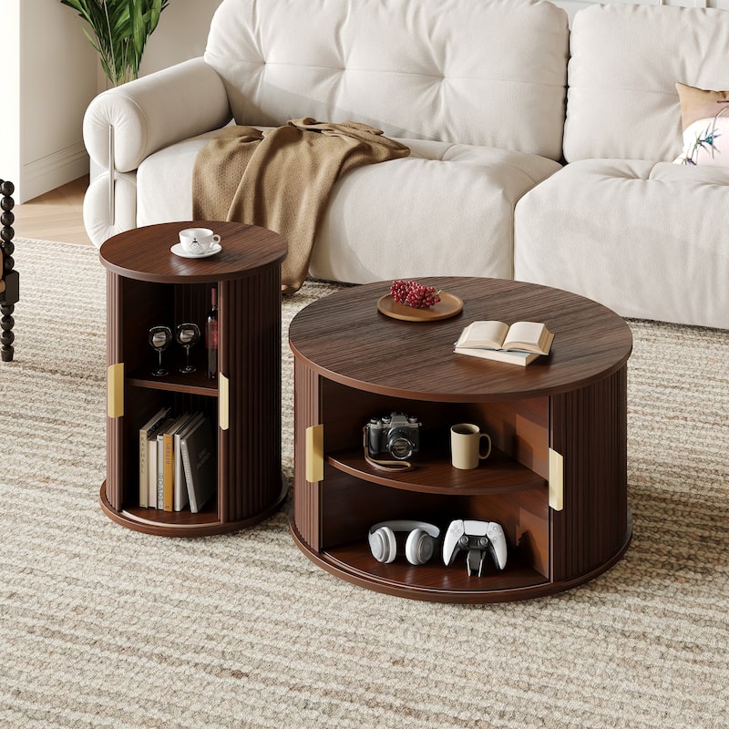 Mid-Century Coffee Table Set of 2 with Sliding Tambour Door, Fluted Design and Golden Handles - Dark Walnut