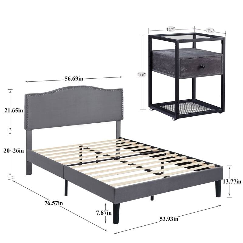 VECELO, Five Colors, 3-Pieces Upholstered Platform Bed Frame with Adjustable Headboard and Nightstands Set of 2