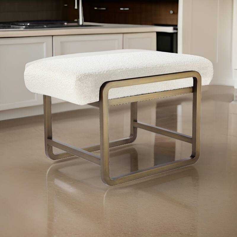 Loer 18 Inch Modern Accent Stool, Ivory Boucle Upholstery, Sled Brass Legs