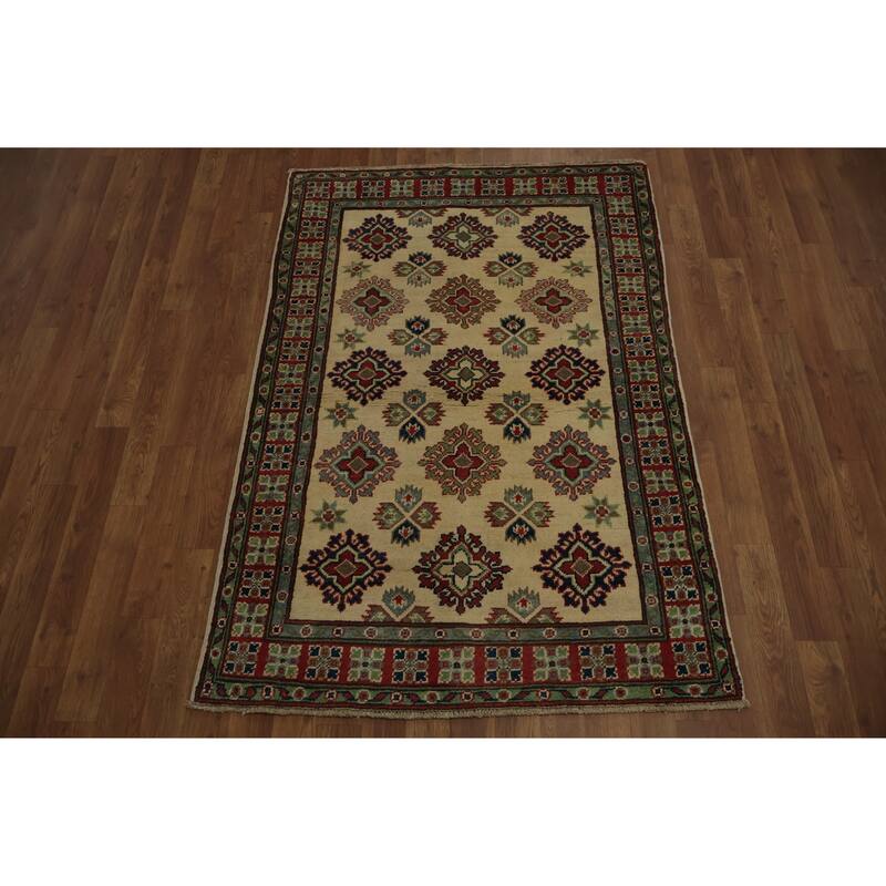 Hand Knotted Oriental 100% Wool Carpet Traditional Geometric Beige & Ivories Kazak Area Rug - 4' 11'' X 3' 4''