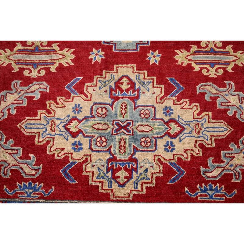 Geometric Red Kazak Rug Handmade Oriental Wool Carpet - 5'1" x 6'9"