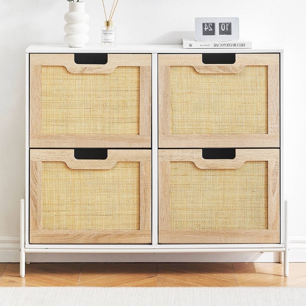 Natural Rattan 4 Flip Door Shoe Storage Cabinet