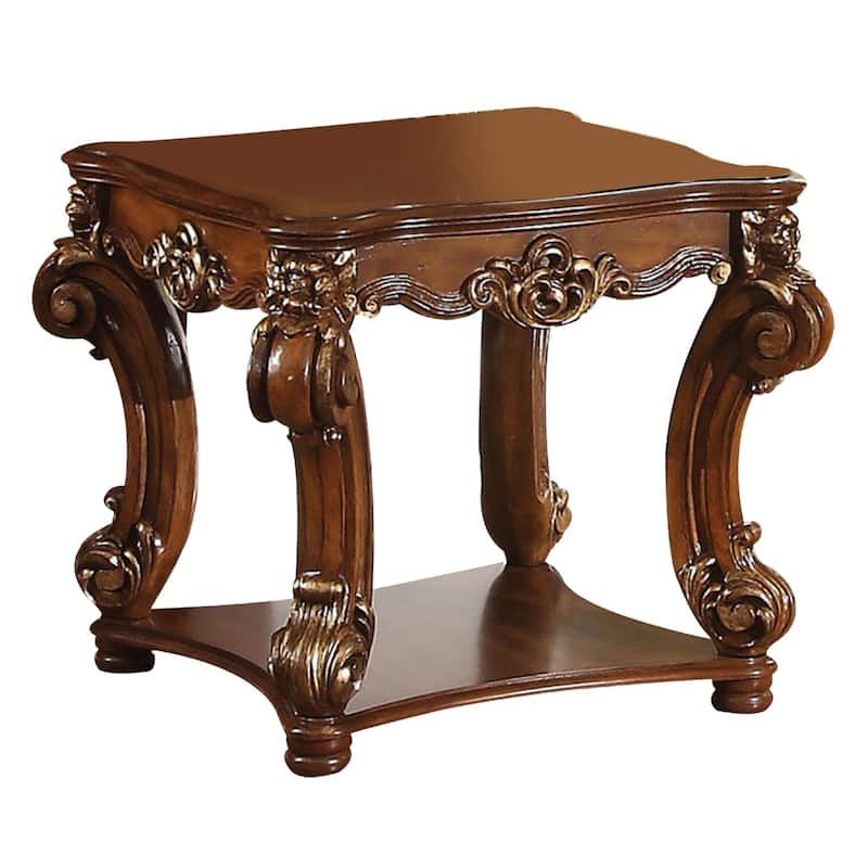 Square Top End Table With Scrolled Leg And Bottom Shelf, Cherry Brown
