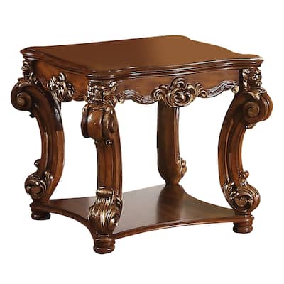Square Top End Table With Scrolled Leg And Bottom Shelf, Cherry Brown