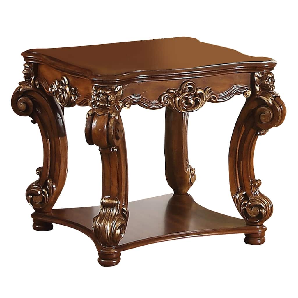 Square Top End Table With Scrolled Leg And Bottom Shelf, Cherry Brown