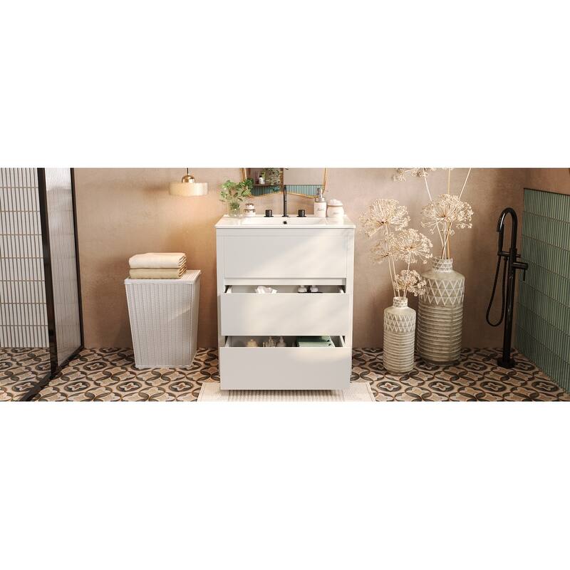 30" Vanity with Sink and 2 Full-Extension Drawers,Freestanding Vanity with 45°,Soft Close Undermount Drawer Slides