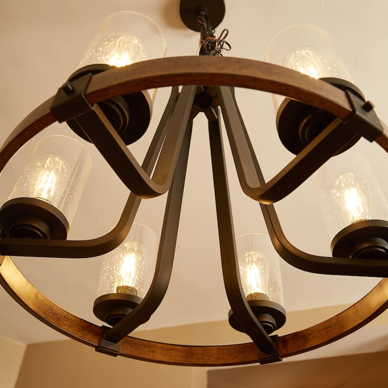 6 Light Shaded Wagon Wheel Chandelier - Black - 24.23"x32.31"