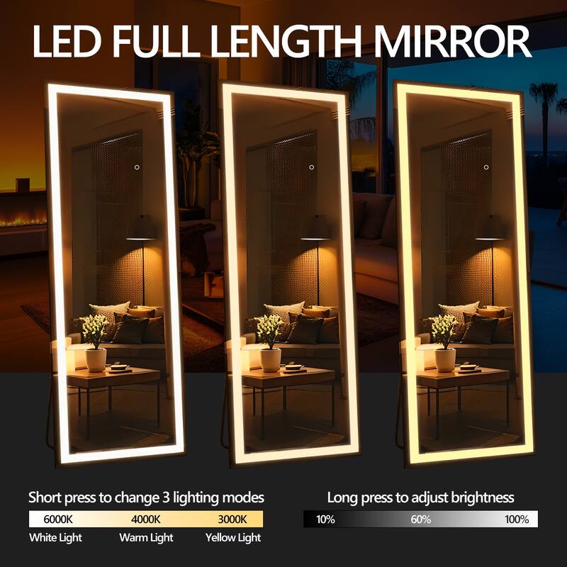 67x20 Inch Full Length Mirror With Lights,Full Body Dressing Standing, Hanging Mounted Mirror,Square Black