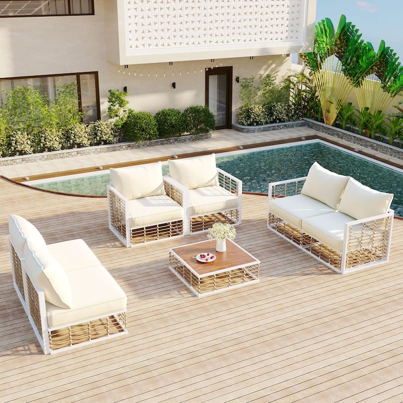7-Piece Patio Sectional Sofa Set - White