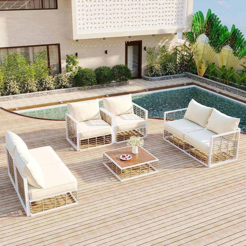 Nestfair 7-Piece Metal Patio Sectional Sofa Set with Thick Cushions and Coffee Table - White
