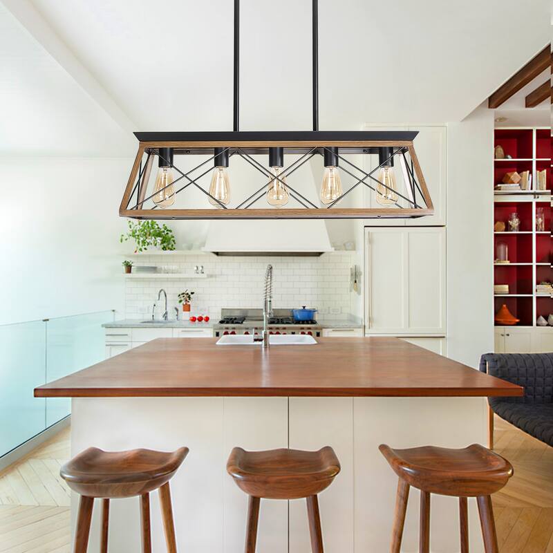 32" Walnut Industrial 5-Light Pendant Chandelier, Modern Metal Cage Design, Adjustable Hanging Light