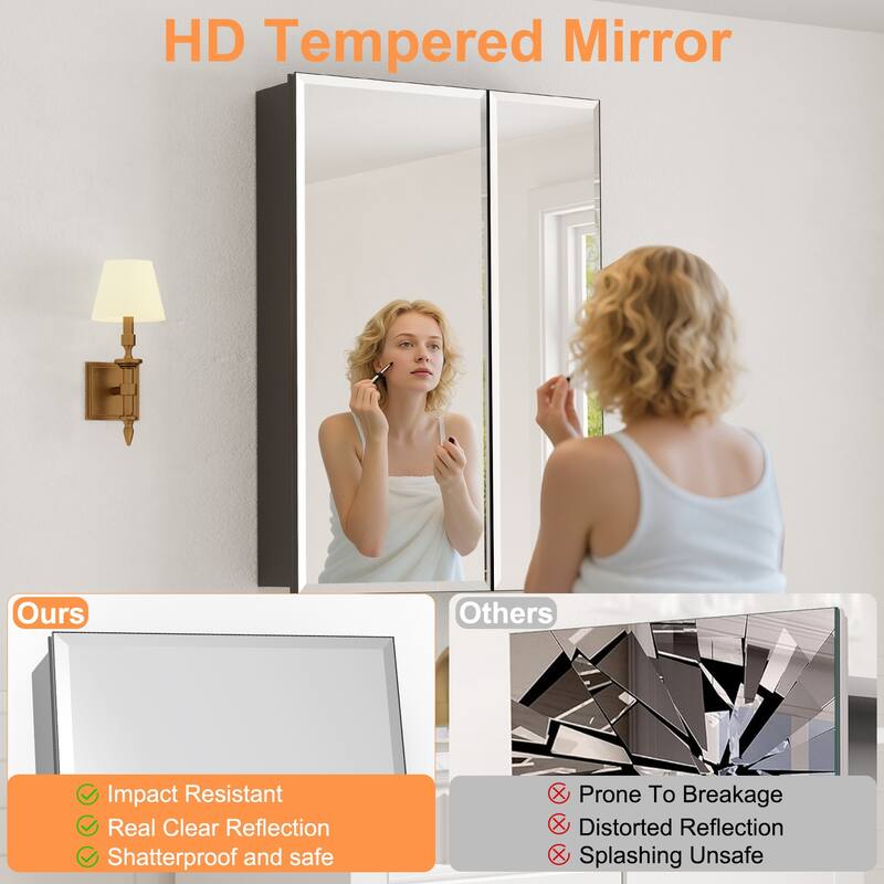 Belle Medicine Cabinet with Mirror, Adjustable Shelves, Recessed or Wall Mount