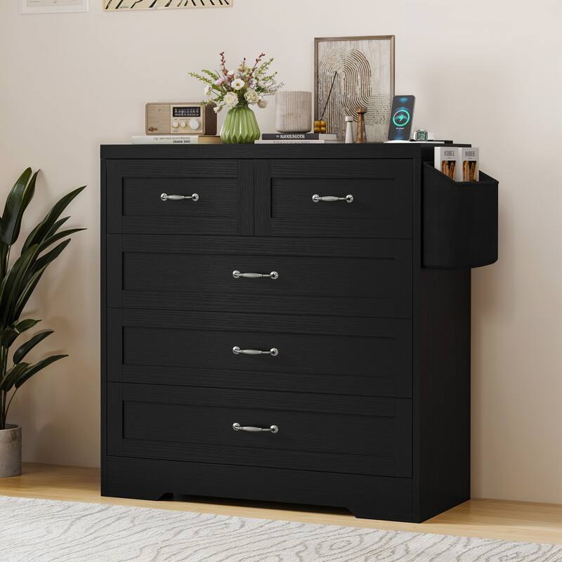 Vintage Double Dresser Chest of Drawers with Charging Station and Side Organizer Bag