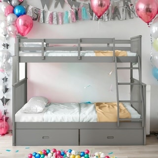 Twin Over Full Wooden Bunk Bed with Drawers,Ladder
