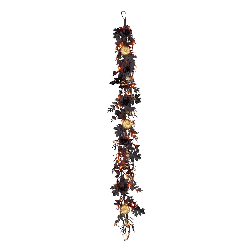 National Tree Company 6 ft. Artificial Chic Eek Black and Gold Halloween Garland, 50 Orange LED Lights, Battery Operated - 6 ft