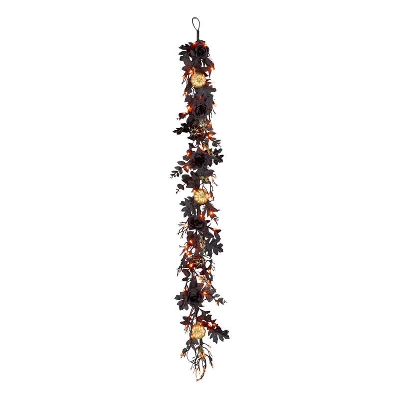 National Tree Company 6 ft. Artificial Chic Eek Black and Gold Halloween Garland, 50 Orange LED Lights, Battery Operated - 6 ft