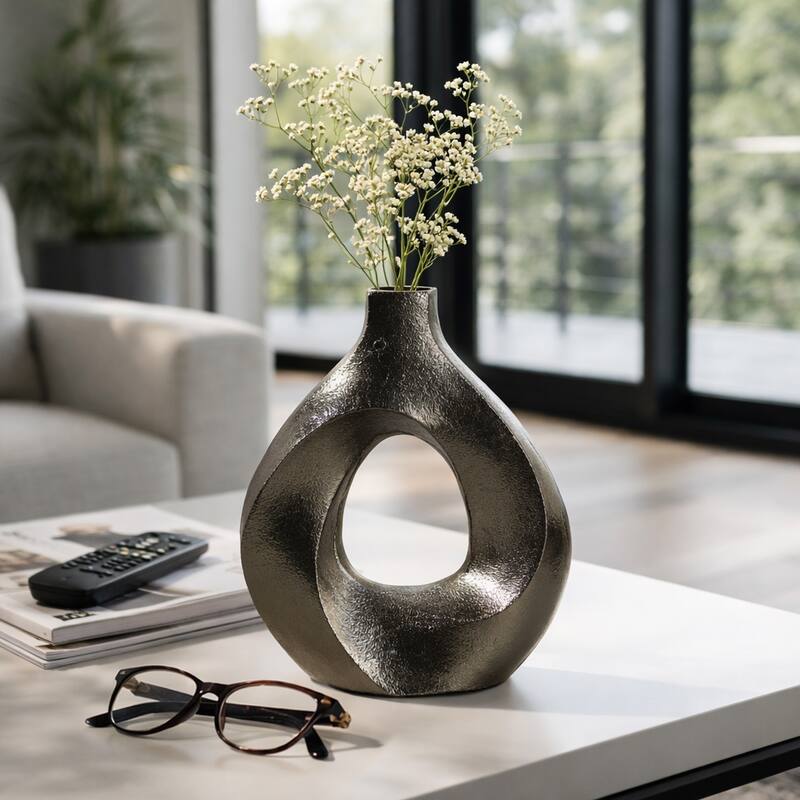 Artistic Metal Swirl Vase with Cut Out Center - Sculptural Flower Vase