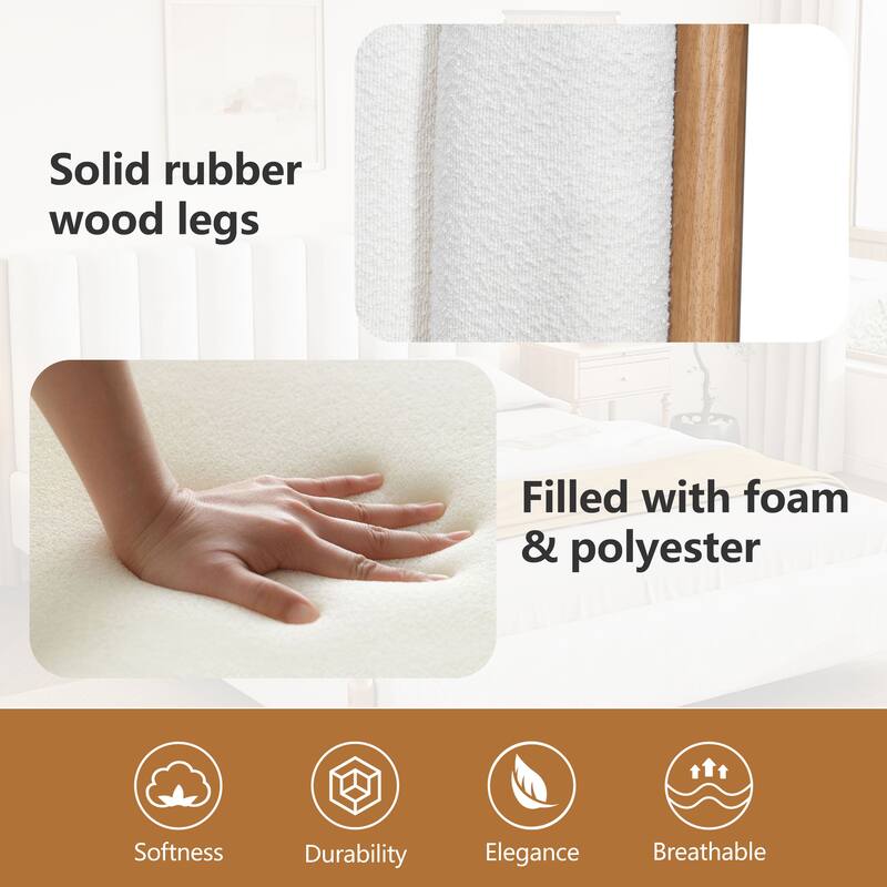 White Upholstered Fabric Bed Frame Platform Bed with Vertical Channel Tufted Headboard, Rubberwood Legs, No Box Spring Needed